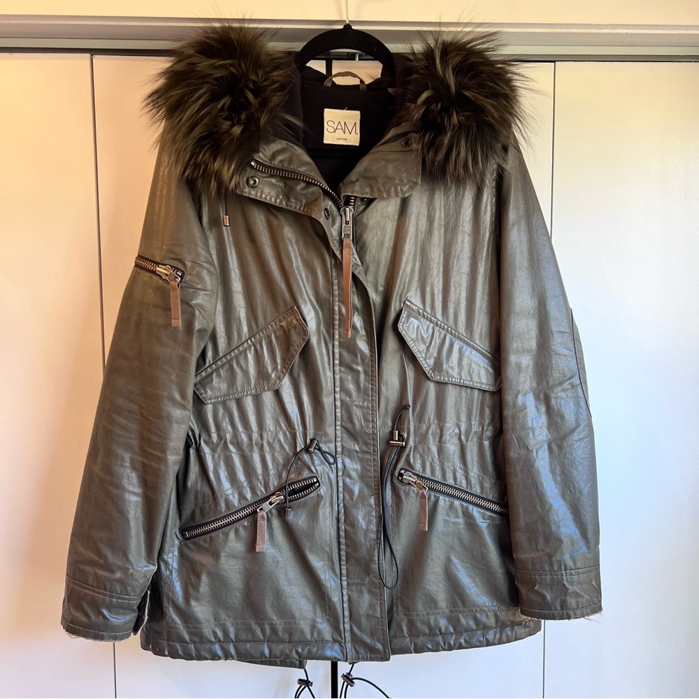 SAM NY Hudson Parka green Fur Trim medium